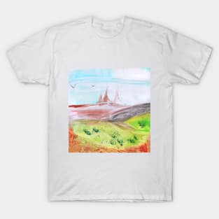 Landscape, castle, nature. Hand drawn color illustration, painting, art, encaustic. T-Shirt